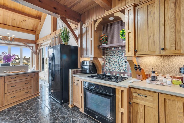 kitchen featuring decorative backsplash, wood ceiling, vaulted ceiling with beams, black appliances, and a notable chandelier