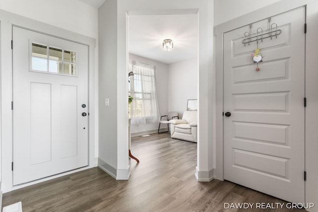 entrance foyer with baseboards and wood finished floors