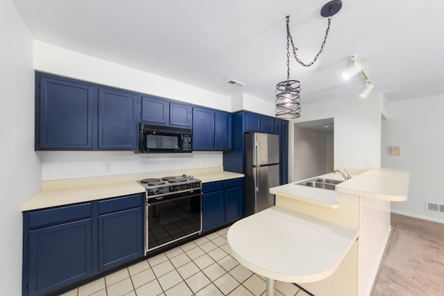 21082 Boulder Cir, Northville, MI 48167 - kitchen with blue cabinets, a sink, range with electric stovetop, freestanding refrigerator, and black microwave