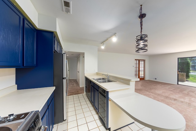 21082 Boulder Cir, Northville, MI 48167 - kitchen featuring a sink, blue cabinetry, stove, and light carpet