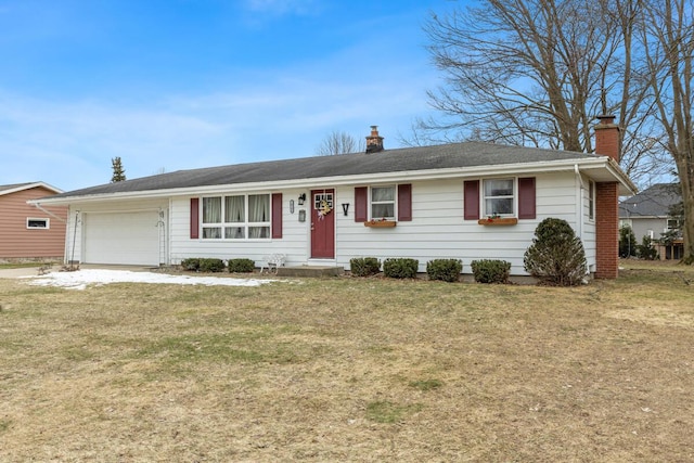 single story home with a front yard, a chimney, and an attached garage