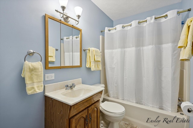 bathroom with toilet, shower / bathtub combination with curtain, a textured ceiling, and vanity