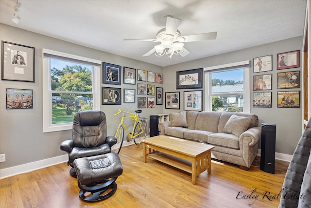 living area with a ceiling fan, baseboards, and wood finished floors