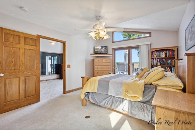 bedroom with ceiling fan, light carpet, baseboards, vaulted ceiling, and access to outside