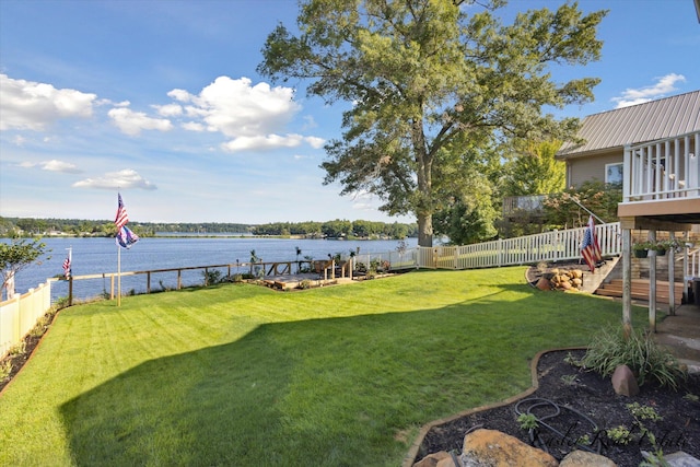 view of yard featuring a water view and a fenced backyard