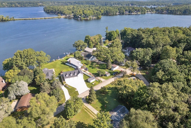 bird's eye view with a water view and a view of trees