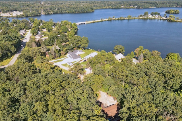 aerial view with a water view and a wooded view