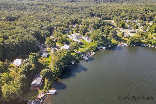 birds eye view of property featuring a residential view, a water view, and a view of trees