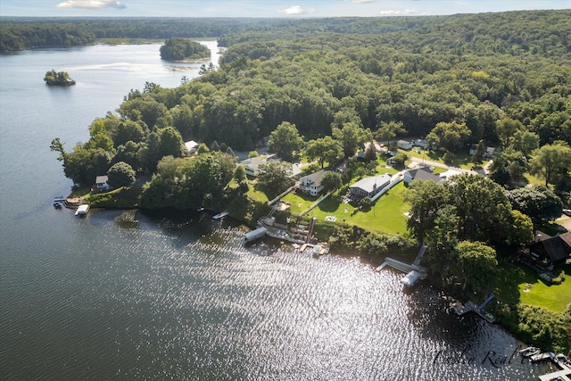 drone / aerial view featuring a water view and a wooded view