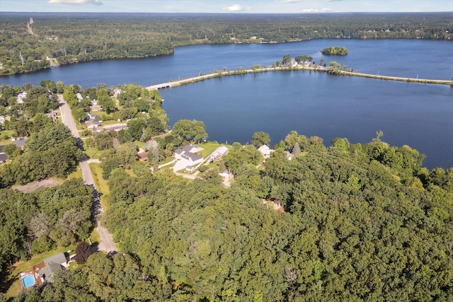 drone / aerial view featuring a water view and a view of trees