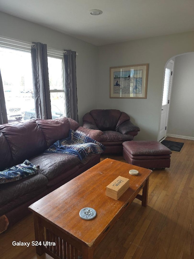 living area with hardwood / wood-style flooring and arched walkways