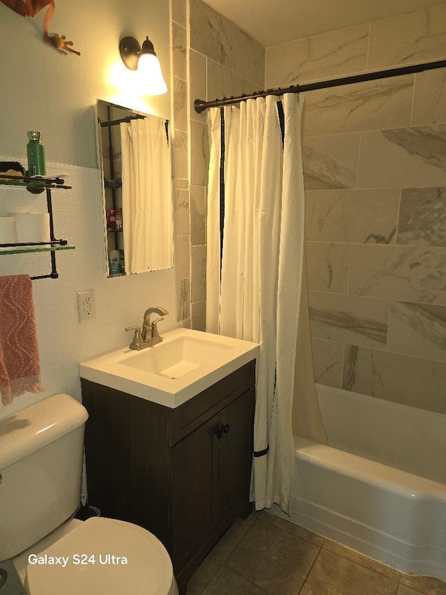 full bathroom with tile patterned flooring, vanity, toilet, and shower / tub combo with curtain