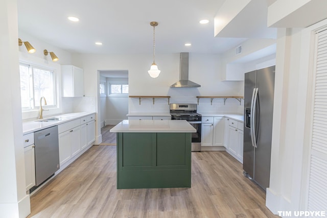 kitchen featuring open shelves, a sink, visible vents, appliances with stainless steel finishes, and wall chimney exhaust hood