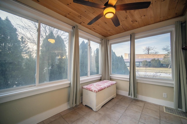 unfurnished sunroom with wooden ceiling and visible vents