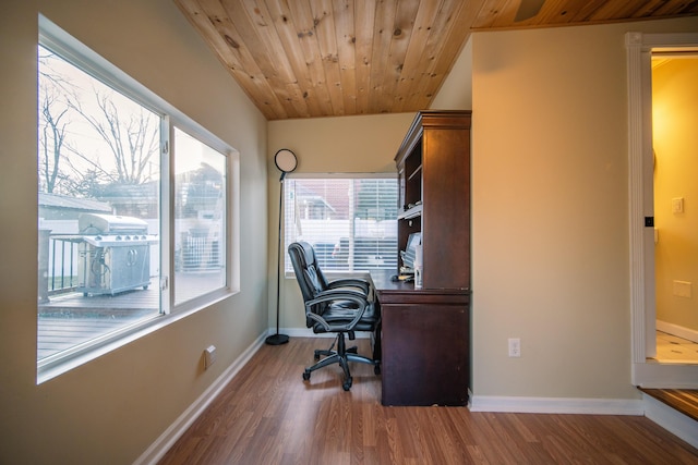 office space featuring wooden ceiling, baseboards, and wood finished floors