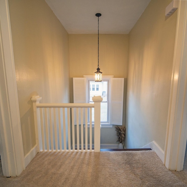 stairs featuring carpet flooring