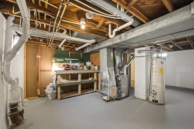 unfinished basement with heating unit and water heater