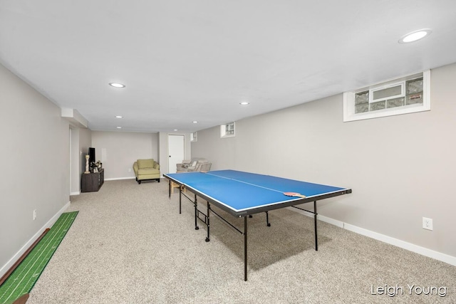 rec room featuring recessed lighting, baseboards, and carpet