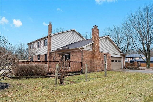 view of side of home with a yard, brick siding, driveway, and a chimney