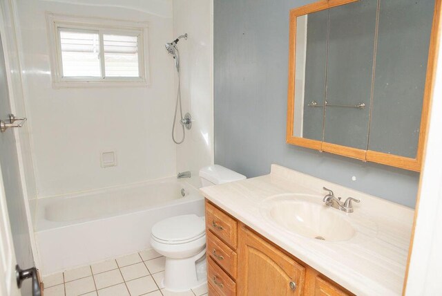 full bathroom with toilet, tile patterned flooring, bathing tub / shower combination, and vanity