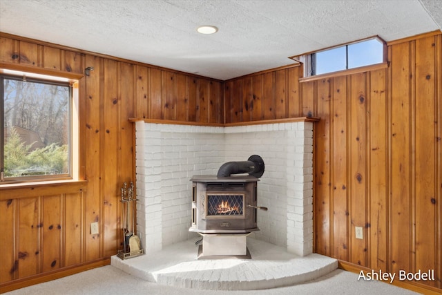 details with carpet floors, a wood stove, and wood walls