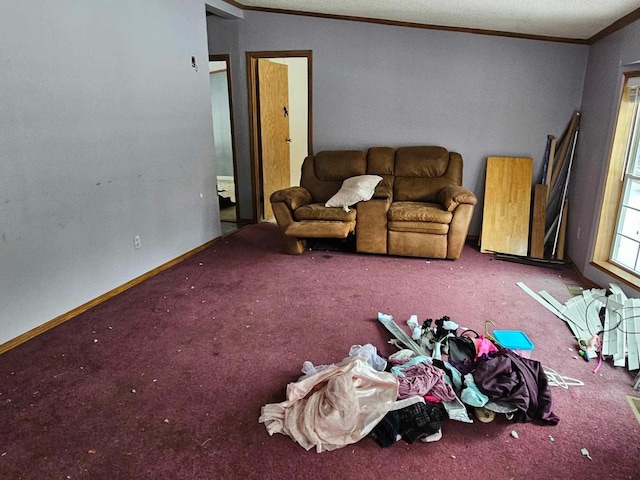 carpeted living room featuring ornamental molding, lofted ceiling, and baseboards