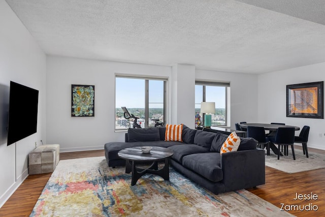 living area featuring a textured ceiling, dark wood-style flooring, and baseboards