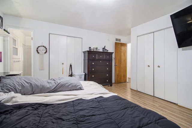 bedroom featuring wood finished floors, two closets, and visible vents