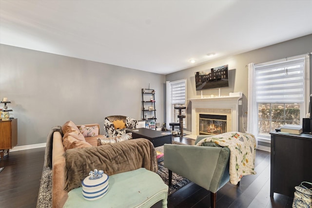 living room featuring dark wood-style flooring, baseboards, and a premium fireplace