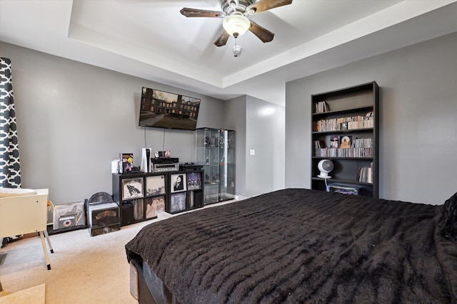 bedroom featuring a tray ceiling and carpet flooring