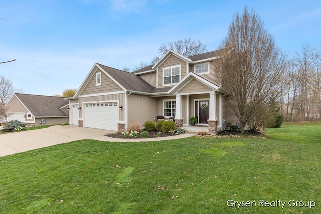 7313 Valhalla Dr, Hudsonville, MI 49426 - craftsman inspired home featuring concrete driveway, stone siding, a front yard, a porch, and a garage