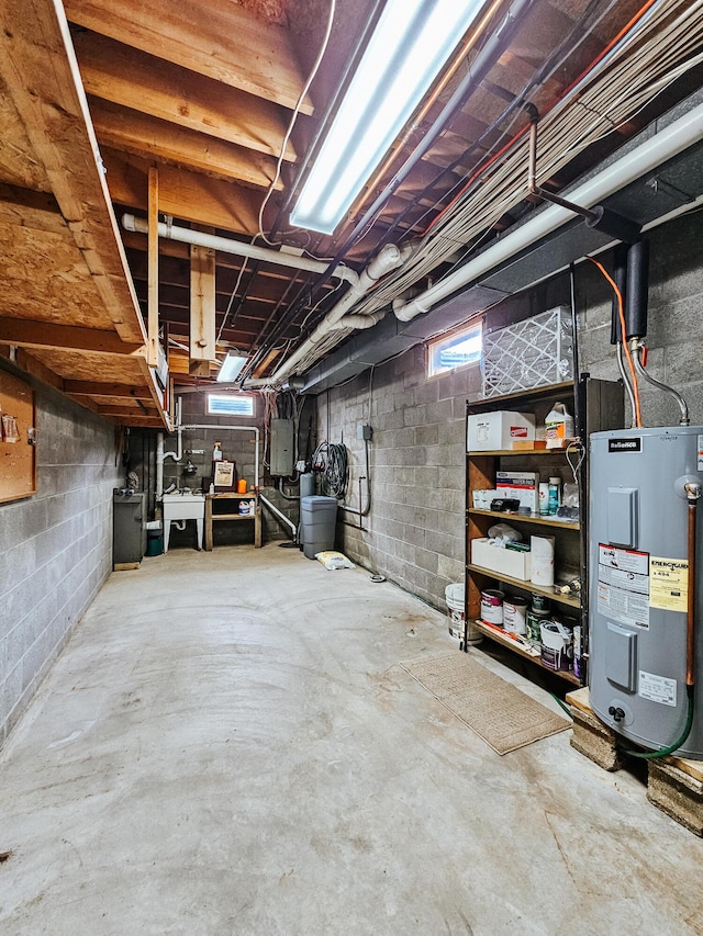 basement with electric water heater and electric panel