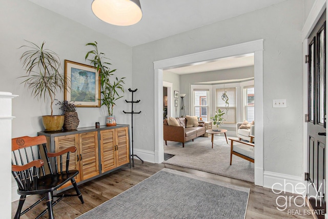 living area featuring baseboards and wood finished floors