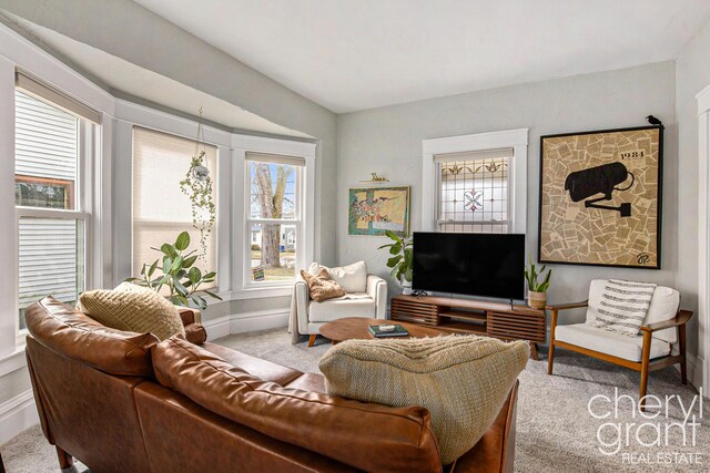 carpeted living room featuring baseboards