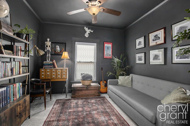 living area with ceiling fan, carpet floors, and crown molding