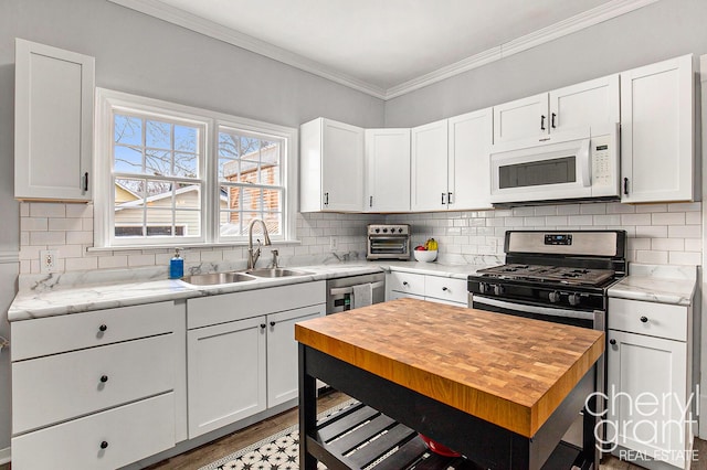 kitchen featuring appliances with stainless steel finishes, backsplash, a sink, and ornamental molding