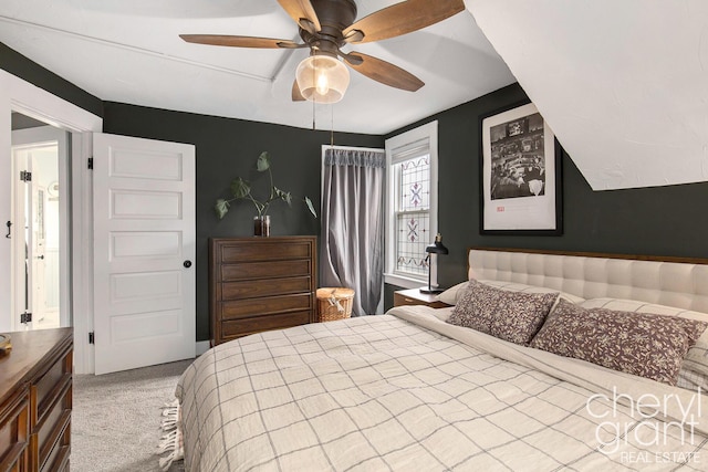 bedroom with carpet floors and a ceiling fan