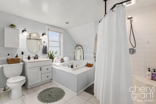 full bathroom with lofted ceiling, tile patterned flooring, vanity, and a bathing tub