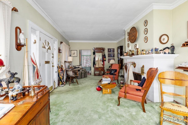 living area featuring carpet and crown molding