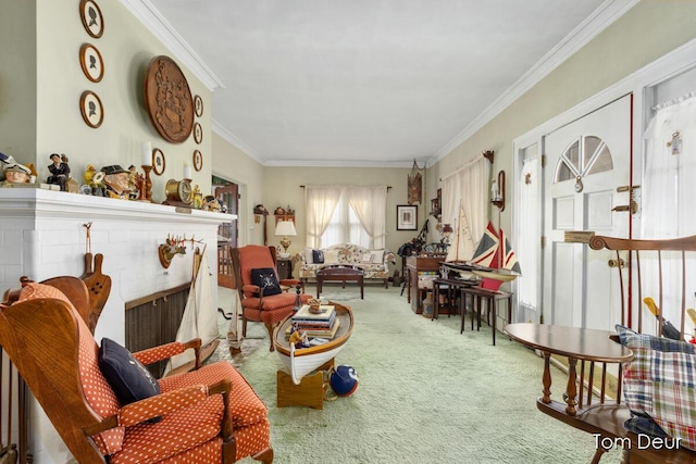 living area with carpet, a fireplace, and crown molding