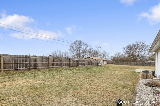 view of yard featuring central air condition unit and a fenced backyard