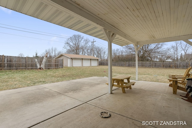 view of patio / terrace with an outbuilding and a fenced backyard