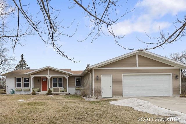 ranch-style house with an attached garage, driveway, and a front lawn