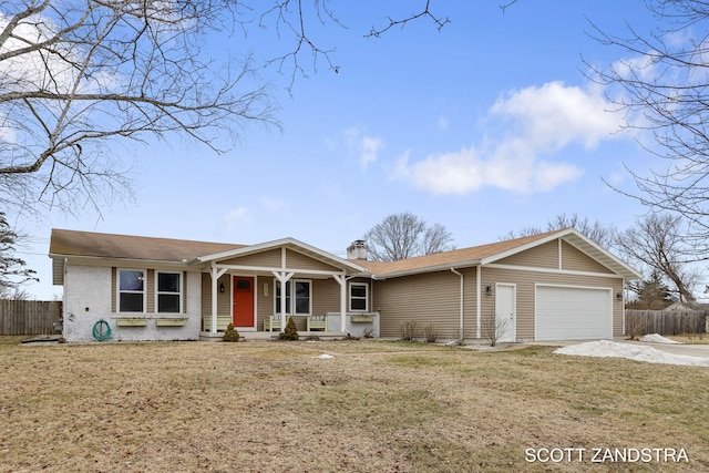 ranch-style home featuring a garage, concrete driveway, a chimney, fence, and a front lawn