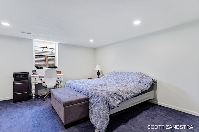 bedroom featuring recessed lighting, carpet flooring, visible vents, and baseboards