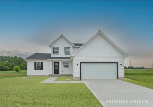 modern inspired farmhouse with driveway, a front lawn, board and batten siding, and an attached garage