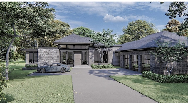 exterior space featuring driveway, a front lawn, stone siding, and a shingled roof