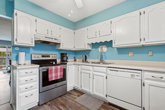 kitchen featuring dishwasher, electric stove, white cabinets, and under cabinet range hood