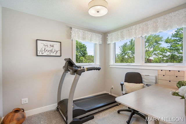 exercise room with carpet flooring and baseboards