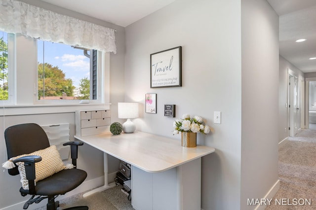 carpeted home office featuring recessed lighting and baseboards